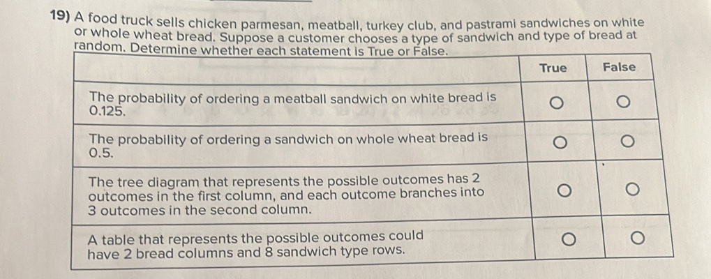 A food truck sells chicken parmesan, meatball, turkey club, and pastrami sandwiches on white 
or whole wheat bread. Suppose a customer chooses a type of sandwich and type of bread at