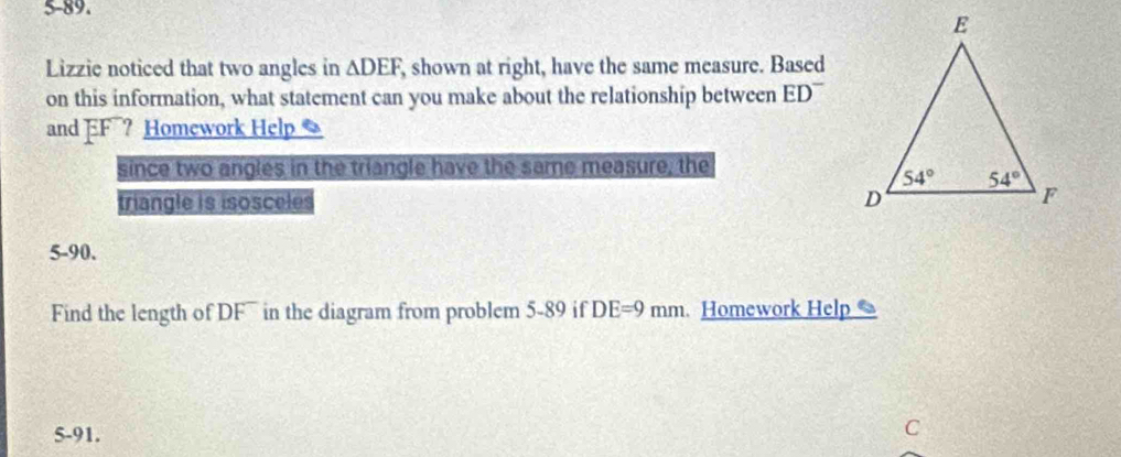 Solved: 5-89. Lizzie noticed that two angles in DEF , shown at right ...
