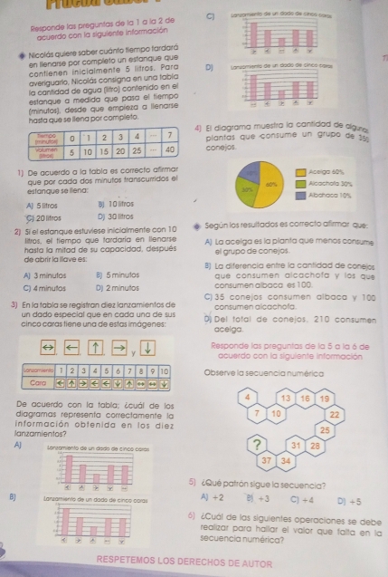 ruçu o
Responde las preguntas de la 1 a la 2 de C
acuerdo con la siguiente información
Nicolás quiere saber cuánto tiempo tardará
7
en llenarse por completo un estanque que
contlenen inicialmente 5 litros. Para D]
averiguario, Nicolás consigna en una tabla
la cantidad de agua (litro) contenido en el
estanque a medida que pasa el tiempo
(minutos), desde que empíeza a llenarse 
hasta que se ilena por completo.
4) El diagrama muestra la cantidad de olguna
conejos. plantas que consume un grupo de 15.
1) De acuerdo a la tabla es correcto afirmar
que por cada dos minutos transcurridos el
estanque se ilena:
A] 5 litros B 10lifros
C 20 lifros D) 30 litros
2) Si el estanque estuviese inicialmente con 10 Según los resultados es correcto afirmar que:
litros, el tiempo que tardaría en llenarse
hasta la mitad de su capacidad, después A) La acelga es la planta que menós consume
el grupo de conejos .
de abrir la ilave es: B) La diferencia entre la cantidad de conejos
A) 3 minutos B) 5 minutos que consumen alcachofa y los que
C) 4 minutos D) 2 minutos consumen albaca es 100.
3) En la tabla se registran diez lanzamientos de C) 35 conejos consumen albaca y 10
un dado especial que en cada una de sus consumen alcachofa.
cinco caras tiene una de estas imágenes: D Del total de conejos. 210 consumen
aceiga.
↑ Responde las preguntas de la 5 a la 6 de
y acuerdo con la siguiente información
Conzamento 1 2 3 4 5 6 7 8 9 10 Observe la secuencia numérica
Cara ( ← e
De acuerdo con la tabila; ¿cuál de los
diagramas representa correctamente la 
información obtenida en los diez
lanzamientos?
A] 
5) ¿Qué patrón sigue la secuencia?
B  A] +2  +3 C) +4 D) +5
6) ¿Cuál de las siguientes operaciones se debe
realizar para hallar el valor que falta en la
secuencia numérica?
RESPETEMOS LOS DERECHOS DE AUTOR