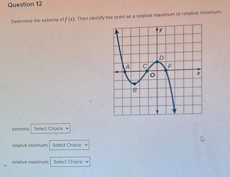 Determine the extrema of f(x). Then identify the point as a relative maximum or relative minimum. 
extrema: Select Choice 
relative minimum: Select Choice 
relative maximum: Select Choice