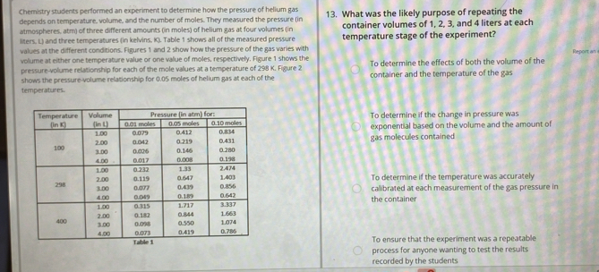 Chemistry students performed an experiment to determine how the pressure of helium gas 13. What was the likely purpose of repeating the
depends on temperature, volume, and the number of moles. They measured the pressure (in container volumes of 1, 2, 3, and 4 liters at each
atmospheres, atm) of three different amounts (in moles) of helium gas at four volumes (in
liters, L) and three temperatures (in kelvins, KJ. Table 1 shows all of the measured pressure temperature stage of the experiment?
values at the different conditions. Figures 1 and 2 show how the pressure of the gas varies with
volume at either one temperature value or one value of moles, respectively. Figure 1 shows the To determine the effects of both the volume of the Report an
pressure-volume relationship for each of the mole values at a temperature of 298 K. Figure 2
shows the pressure-volume relationship for 0.05 moles of helium gas at each of the container and the temperature of the gas
temperatures.
To determine if the change in pressure was
exponential based on the volume and the amount of
gas molecules contained
To determine if the temperature was accurately
calibrated at each measurement of the gas pressure in
the container
To ensure that the experiment was a repeatable
process for anyone wanting to test the results
recorded by the students