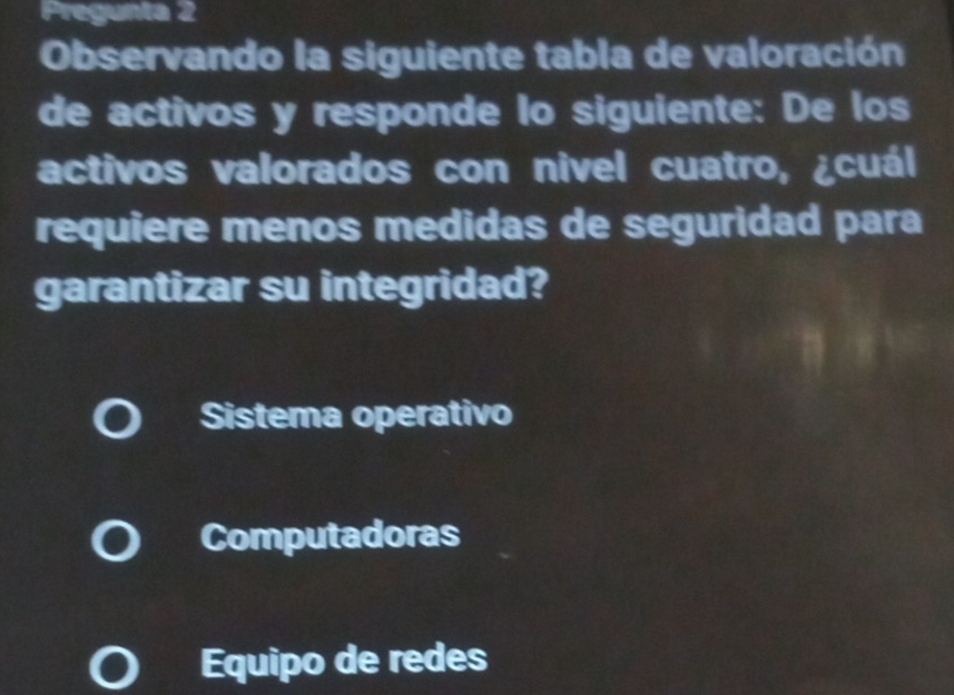 Pregunta 2
Observando la siguiente tabla de valoración
de activos y responde lo siguiente: De los
activos valorados con nivel cuatro, ¿cuál
requiere menos medidas de seguridad para
garantizar su integridad?
Sistema operativo
Computadoras
Equipo de redes