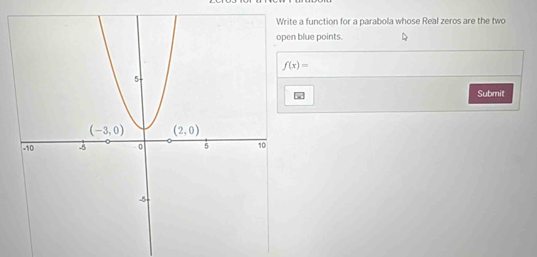 a function for a parabola whose Real zeros are the two
blue points.
f(x)=
Submit