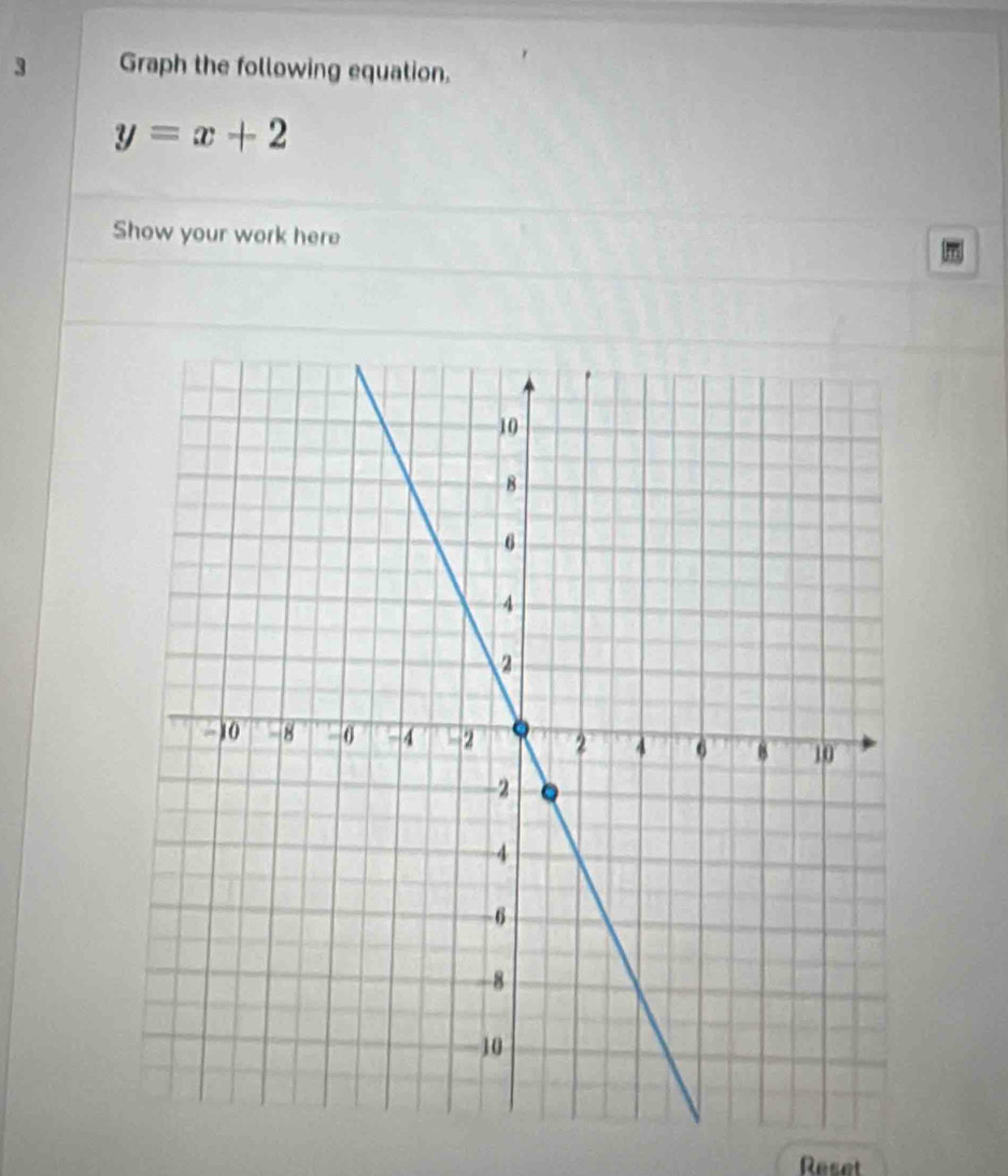 Graph the following equation.
y=x+2
Show your work here 
Reset