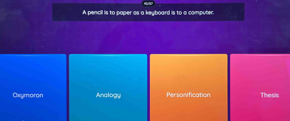 40/67
A pencil is to paper as a keyboard is to a computer.
Oxymoron Analogy Personification Thesis