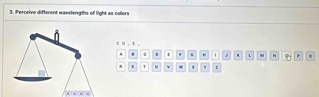 Perceive different wavelengths of light as colors 
C O E 
A B C D E F G H 1 J K L M N g P Q 
R s T U v w x Y z 
* * * * *