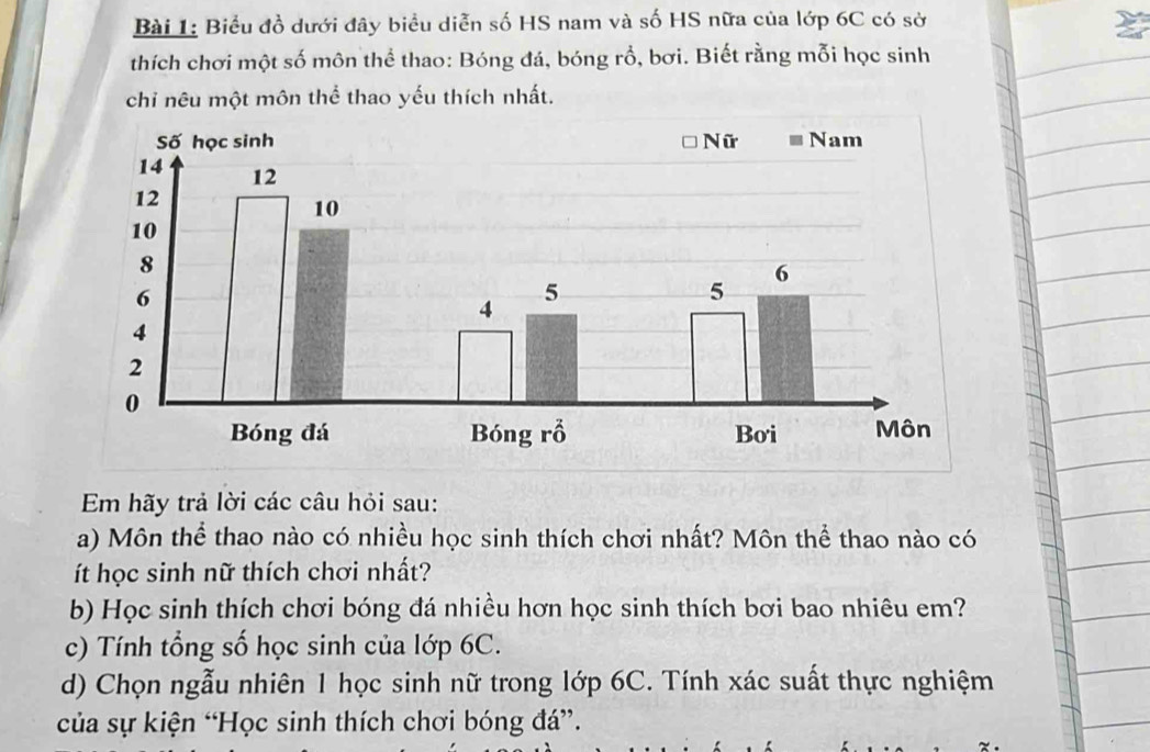 Biểu đồ dưới đây biểu diễn số HS nam và số HS nữa của lớp 6C có sở 
thích chơi một số môn thể thao: Bóng đá, bóng rồ, bơi. Biết rằng mỗi học sinh 
chỉ nêu một môn thể thao yếu thích nhất. 
Em hãy trả lời các câu hỏi sau: 
a) Môn thể thao nào có nhiều học sinh thích chơi nhất? Môn thể thao nào có 
ít học sinh nữ thích chơi nhất? 
b) Học sinh thích chơi bóng đá nhiều hơn học sinh thích bơi bao nhiêu em? 
c) Tính tổng số học sinh của lớp 6C. 
d) Chọn ngẫu nhiên 1 học sinh nữ trong lớp 6C. Tính xác suất thực nghiệm 
của sự kiện “Học sinh thích chơi bóng đá”.