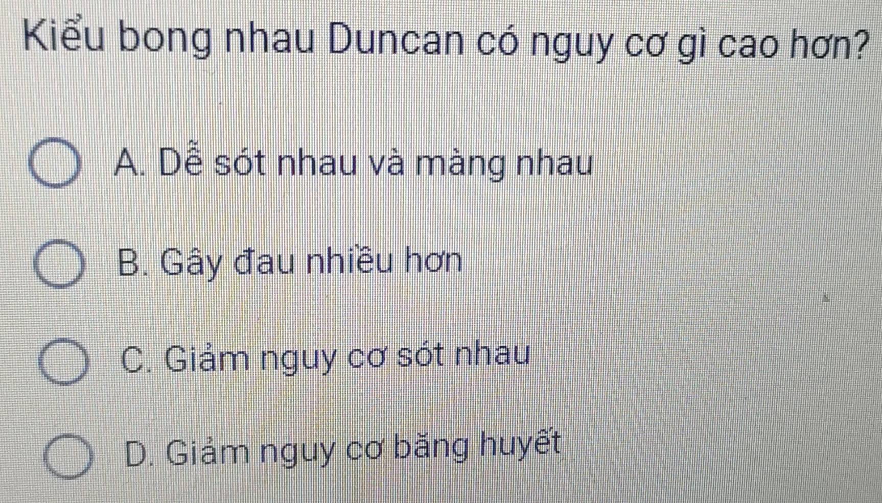 Kiểu bong nhau Duncan có nguy cơ gì cao hơn?
A. Dễ sót nhau và màng nhau
B. Gây đau nhiều hơn
C. Giảm nguy cơ sót nhau
D. Giảm nguy cơ băng huyết