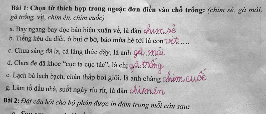 Chọn từ thích hợp trong ngoặc đơn điền vào chỗ trống: (chim sẻ, gà mái, 
gà trống, vịt, chim én, chim cuốc) 
a. Bay ngang bay dọc báo hiệu xuân về, là đàn c 
b. Tiếng kêu da diết, ở bụi ở bờ, báo mùa hè tới là con 
c. Chưa sáng đã la, cả làng thức dậy, là anh 
d. Chưa đẻ đã khoe “cục ta cục tác”, là chị 
e. Lạch bà lạch bạch, chân thấp bơi giỏi, là anh chàng 
g. Làm tổ đầu nhà, suốt ngày ríu rít, là đàn 
Bài 2: Đặt câu hỏi cho bộ phận được in đậm trong mỗi câu sau: