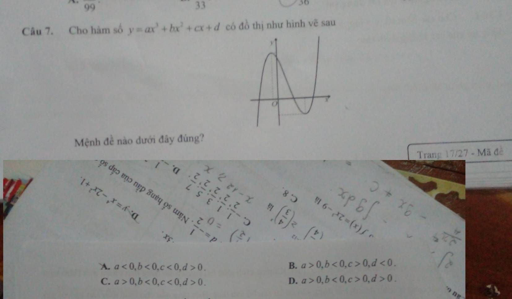 99°
33
30
Câu 7. Cho hàm số y=ax^3+bx^2+cx+d có đồ thị như hình vẽ sau
Mệnh đề nào dưới đây đúng?
Trang 17/27 - Mã đề
x'2_oY-x
t^-a ·  z/L : z/s : 2/t : z/1 : z/1 -0 8
1+_7x_7^x=A-_neg a
s dẹɔ ɐɲɔ nẹp Suéų 9s ɯẹ beginarrayr a=  z/1 -=pendarray

xs
(frac 2
(3) 6-_rxz=(x)fr
A. a<0</tex>, b<0</tex>, c<0</tex>, d>0. B. a>0, b<0</tex>, c>0, d<0</tex>.
C. a>0, b<0</tex>, c<0</tex>, d>0. D. a>0, b<0</tex>, c>0, d>0. 
Ne