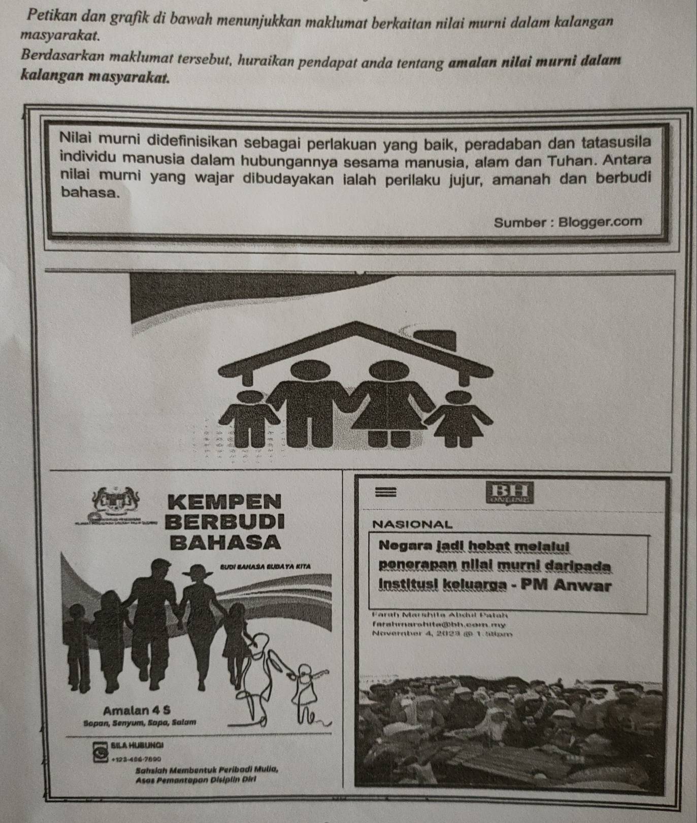 Petikan dan grafik di bawah menunjukkan maklumat berkaitan nilai murni dalam kalangan 
masyarakat. 
Berdasarkan maklumat tersebut, huraikan pendapat anda tentang amalan nilai murni dalam 
kalangan masyarakat. 
Nilai murni didefinisikan sebagai perlakuan yang baik, peradaban dan tatasusila 
individu manusia dalam hubungannya sesama manusia, alam dan Tuhan. Antara 
nilai murni yang wajar dibudayakan ialah perilaku jujur, amanah dan berbudi 
bahasa. 
Sumber : Blogger.com 
BH 
KEMPEN 
BERBUDI NASIONAL 
BAHASA Negara jadi hebat melalui 
Sười Banasa Eudaya Kita penerapan nilal murni daripada 
institusi koluarga - PM Anwar 
Farah Marshila Abchi Patah 
farahmarshite③bh.com my 
Novernber 4, 2023 g 1.58am
Amalan 4 S 
Sopan, Senyum, Sapa, Salam 
SILA HUBUNGI 
+ 123-456-7890
Sahsiah Membentuk Peribadi Mulia, 
Asas Pemantapan Disiplin Dirl