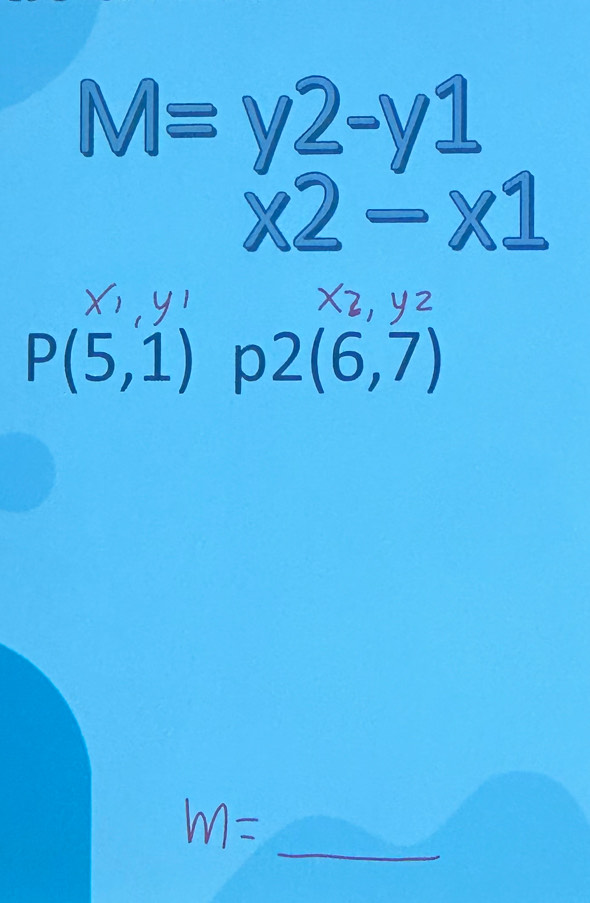 M= y2-y1
X2-X1
P(5,1) p2(6,7)