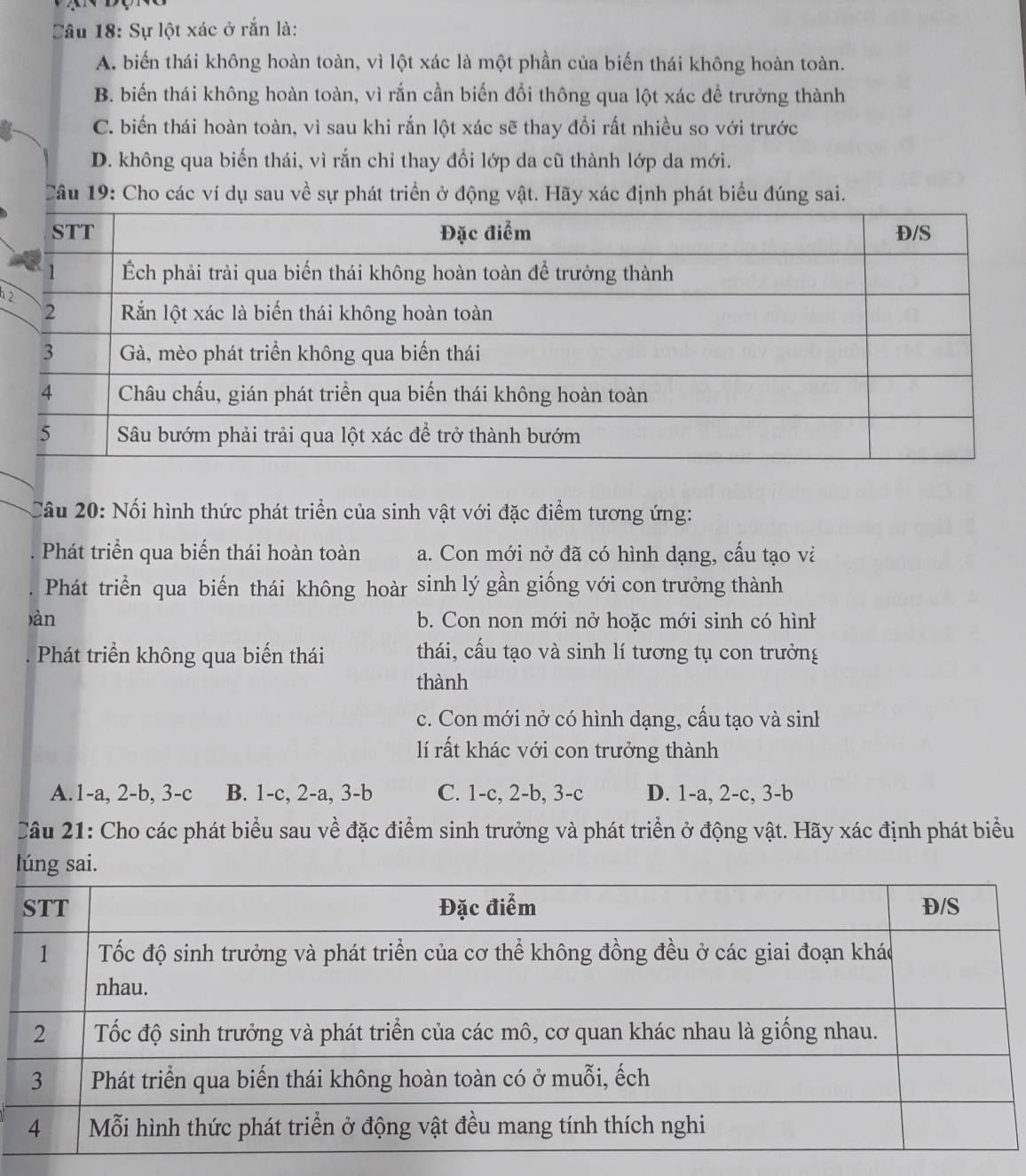 Sâu 18: Sự lột xác ở rắn là:
A. biến thái không hoàn toàn, vì lột xác là một phần của biến thái không hoàn toàn.
B. biến thái không hoàn toàn, vì rắn cần biến đổi thông qua lột xác để trưởng thành
C. biến thái hoàn toàn, vì sau khi rắn lột xác sẽ thay đổi rất nhiều so với trước
D. không qua biến thái, vì rắn chỉ thay đổi lớp da cũ thành lớp da mới.
Câu 19: Cho các ví dụ sau về sự phát triển ở động vật. Hãy xác định phát biểu đúng sai.
n 2
Câu 20: Nổi hình thức phát triển của sinh vật với đặc điểm tương ứng:
Phát triển qua biến thái hoàn toàn a. Con mới nở đã có hình dạng, cấu tạo và
Phát triển qua biển thái không hoàr sinh lý gần giống với con trưởng thành
)àn b. Con non mới nở hoặc mới sinh có hình
Phát triển không qua biến thái thái, cấu tạo và sinh lí tương tụ con trưởng
thành
c. Con mới nở có hình dạng, cấu tạo và sinh
lí rất khác với con trưởng thành
A. 1-a, 2-b, 3-c B. 1-c, 2-a, 3-b C. 1-c, 2-b, 3-c D. 1-a, 2-c, 3-b
Câu 21: Cho các phát biểu sau về đặc điểm sinh trưởng và phát triển ở động vật. Hãy xác định phát biểu