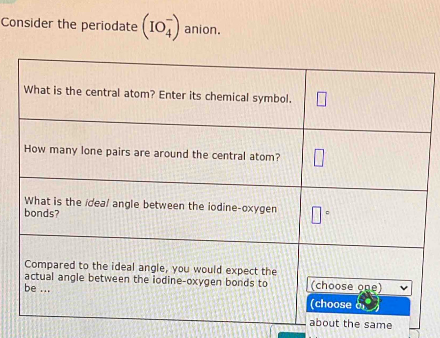 Consider the periodate (IO_4^-) anion.
ut the same