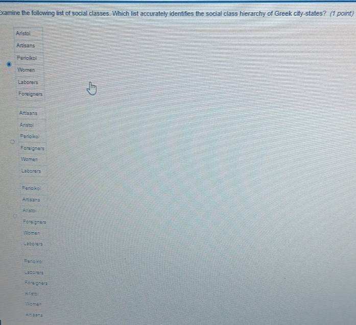 Examine the following list of social classes. Which list accurately identifies the social class hierarchy of Greek city-states? (1 point)
Aristoi
Artisans
Perioikoi
Women
Laborers
Foreigners
Artisans
Aristo
Perioikol
Foreigners
Women
Laborers
Periokol
Ansans
Ar stol
Foreigners
Women
Laborers
Ferioko. 80
Fore gnars
A 
Wome"
-