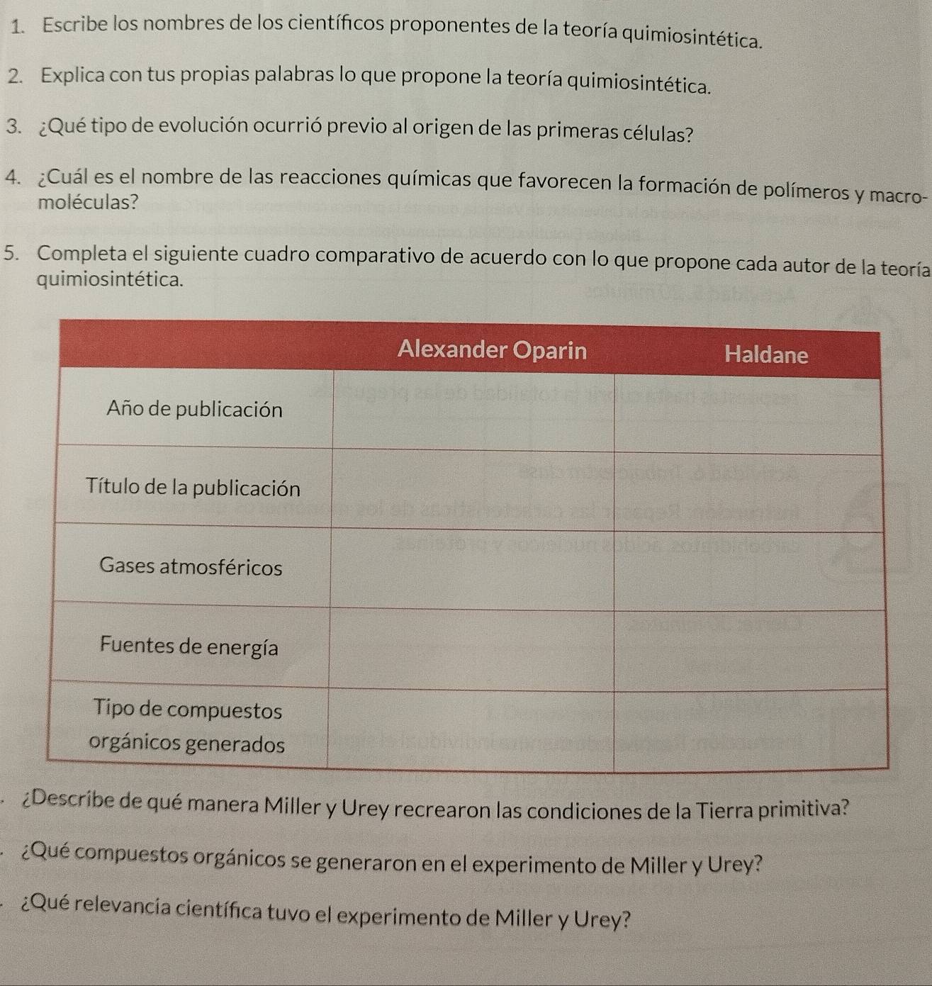 Escribe los nombres de los científicos proponentes de la teoría quimiosintética. 
2. Explica con tus propias palabras lo que propone la teoría quimiosintética. 
3. ¿Qué tipo de evolución ocurrió previo al origen de las primeras células? 
4. ¿Cuál es el nombre de las reacciones químicas que favorecen la formación de polímeros y macro- 
moléculas? 
5. Completa el siguiente cuadro comparativo de acuerdo con lo que propone cada autor de la teoría 
quimiosintética. 
Describe de qué manera Miller y Urey recrearon las condiciones de la Tierra primitiva? 
¿Qué compuestos orgánicos se generaron en el experimento de Miller y Urey? 
¿Qué relevancia científica tuvo el experimento de Miller y Urey?