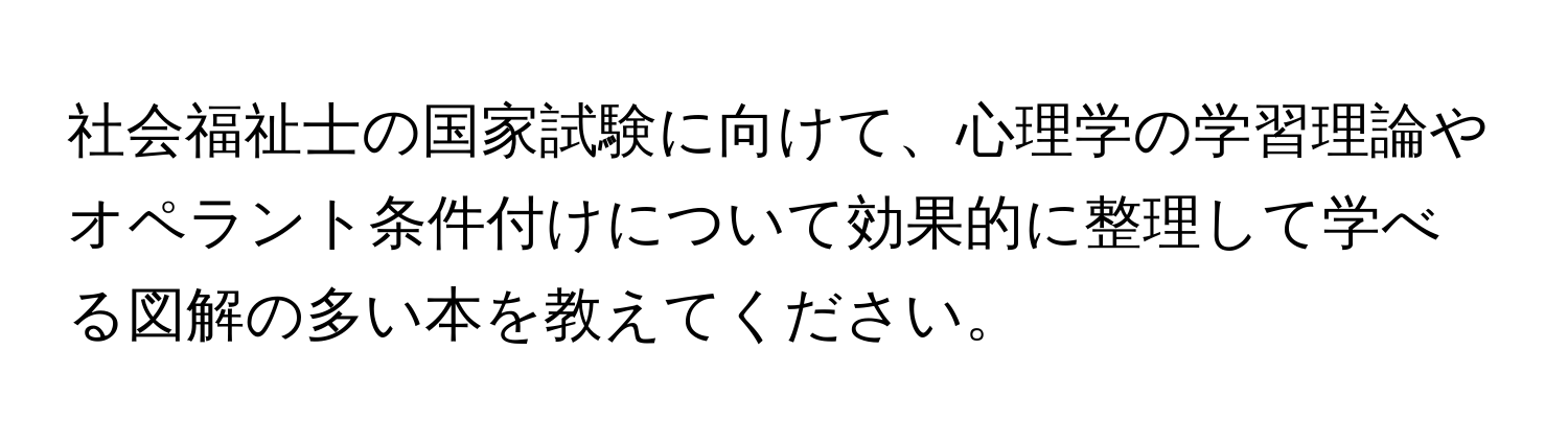 社会福祉士の国家試験に向けて、心理学の学習理論やオペラント条件付けについて効果的に整理して学べる図解の多い本を教えてください。