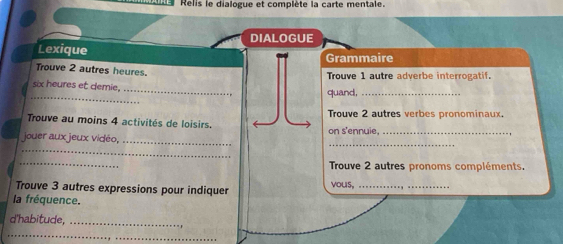 Relis le dialogue et complète la carte mentale. 
Dialogue 
Lexique Grammaire 
Trouve 2 autres heures. 
Trouve 1 autre adverbe interrogatif. 
_ 
six heures et demie, _quand,_ 
Trouve 2 autres verbes pronominaux. 
Trouve au moins 4 activités de loisirs 
_ 
jouer aux jeux vidéo,_ on s'ennuie,_ 
_ 
_ 
Trouve 2 autres pronoms compléments. 
Trouve 3 autres expressions pour indiquer vous,_ 
la fréquence. 
d'habitude,_ 
_