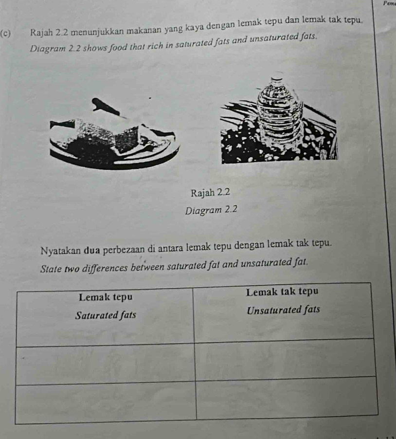 Peme 
(c) Rajah 2.2 menunjukkan makanan yang kaya dengan lemak tepu dan lemak tak tepu. 
Diagram 2.2 shows food that rich in saturated fats and unsaturated fats. 
Rajah 2.2 
Diagram 2.2 
Nyatakan dua perbezaan di antara lemak tepu dengan lemak tak tepu. 
State two differences between saturated fat and unsaturated fat.