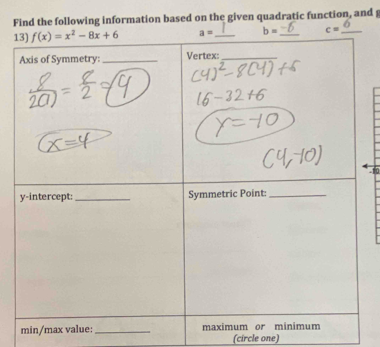 Find the following information based on the given quadratic function, and g
1 b= _ c= _
-10
min_
(circle one)