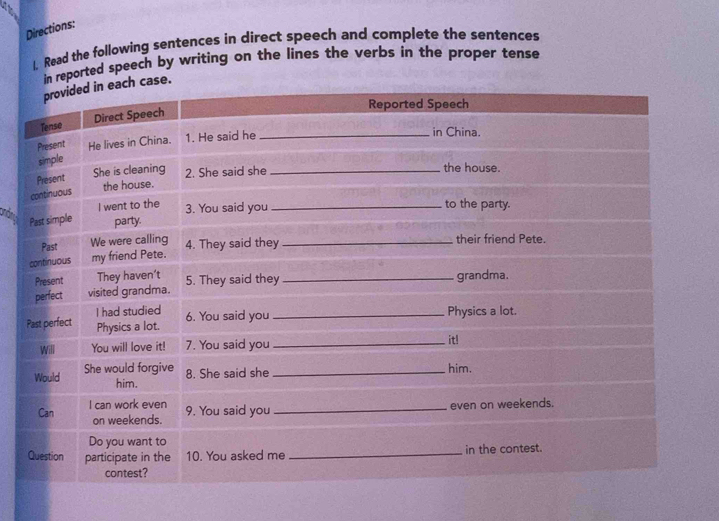 fto 
Directions: 
L Read the following sentences in direct speech and complete the sentences 
in reported speech by writing on the lines the verbs in the proper tense 
.