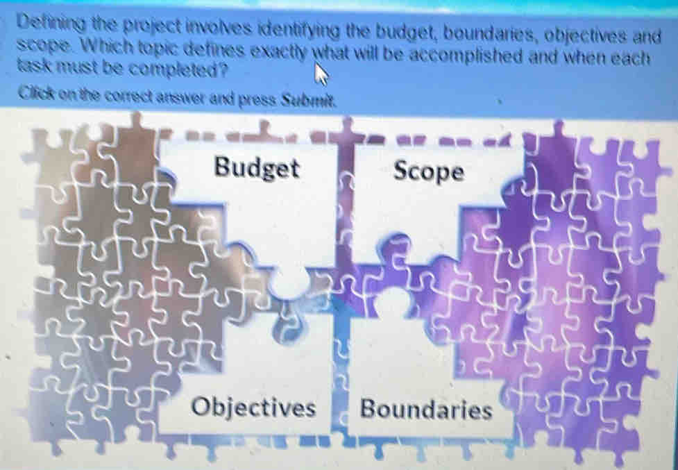 Defining the project involves identifying the budget, boundaries, objectives and 
scope. Which topic defines exactly what will be accomplished and when each 
task must be completed ? 
Click on the correct answer and press Submit. 
Budget Scope 
Objectives Boundaries