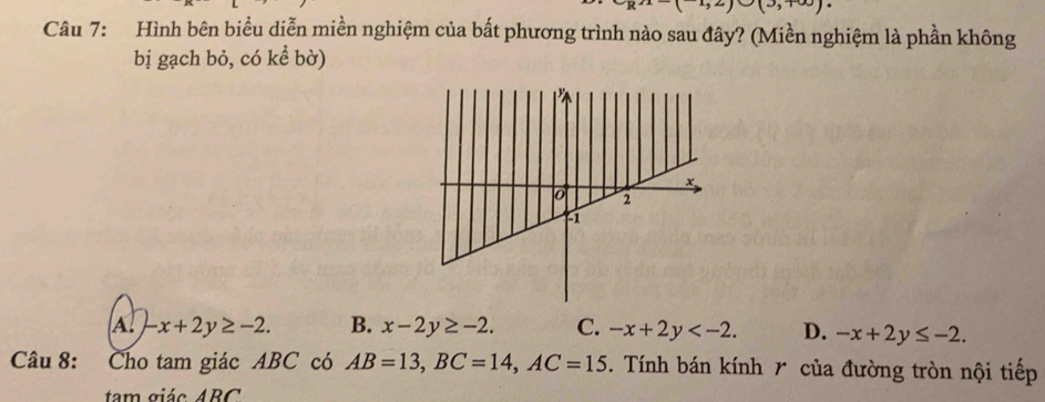 1,2)∪ (3,+∈fty ). 
Câu 7: Hình bên biểu diễn miền nghiệm của bất phương trình nào sau đây? (Miền nghiệm là phần không
bị gạch bỏ, có kể bờ)
A. -x+2y≥ -2. B. x-2y≥ -2. C. -x+2y . D. -x+2y≤ -2. 
Câu 8: : Cho tam giác ABC có AB=13, BC=14, AC=15 F. Tính bán kính 7 của đường tròn nội tiếp
tam giác ARC