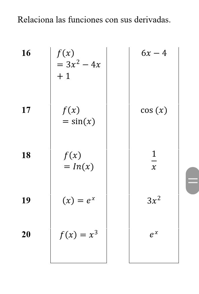 Relaciona las funciones con sus derivadas.
=