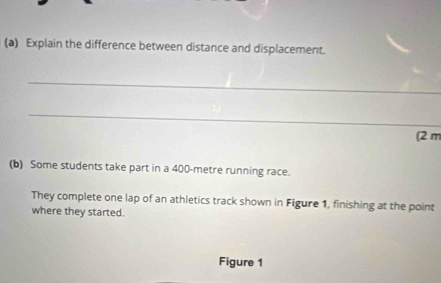 Explain the difference between distance and displacement. 
_ 
_ 
(2 m
(b) Some students take part in a 400-metre running race. 
They complete one lap of an athletics track shown in Figure 1, finishing at the point 
where they started. 
Figure 1