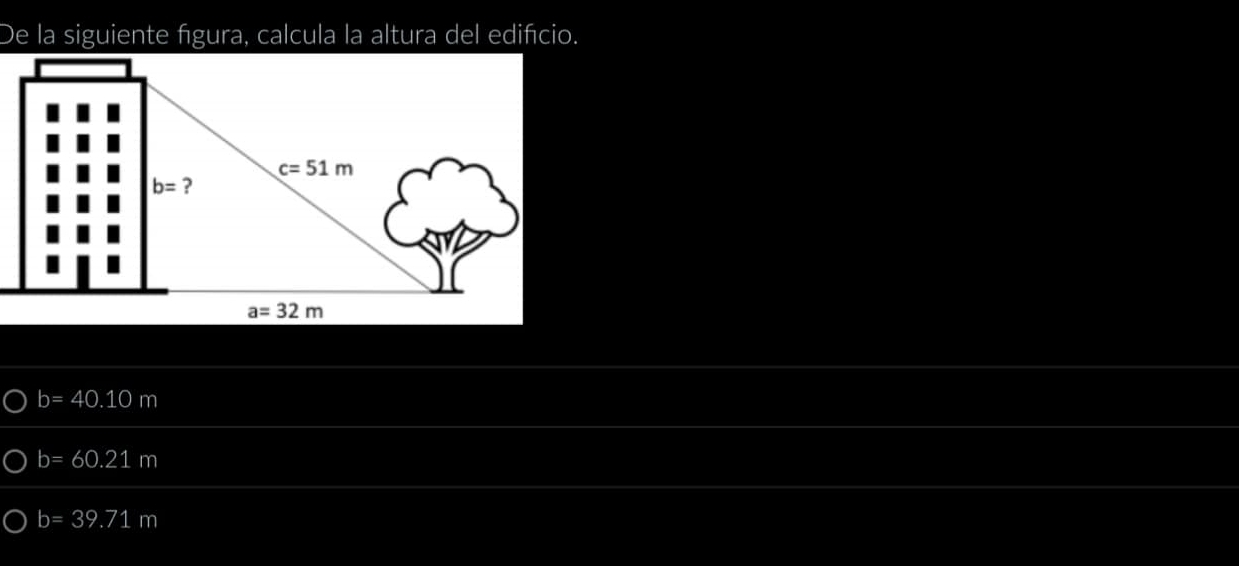 De la siguiente fígura, calcula la altura del edifcio.
b=40.10m
b=60.21m
b=39.71m