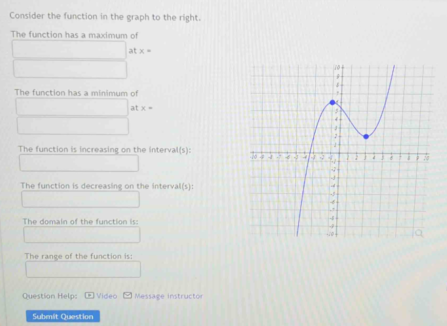 Consider the function in the graph to the right. 
The function has a maximum of 
x_I^((circ)C)^circ C^circ  □  at x=
The function has a minimum of
□  at x=
The function is increasing on the interval(s): 
The function is decreasing on the interval(s): 
The domain of the function is: 
The range of the function is: 
Question Help: Video Message instructor 
Submit Question