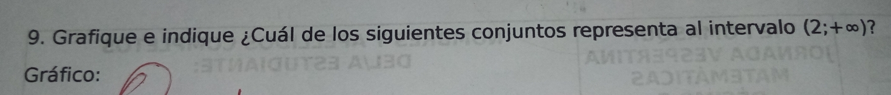 Grafique e indique ¿Cuál de los siguientes conjuntos representa al intervalo (2;+∈fty ) ? 
Gráfico: