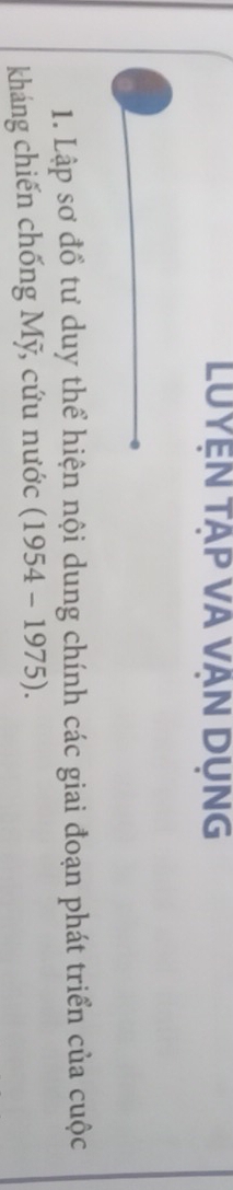 LUYEN TẠP VA VAN DỤNG 
1. Lập sơ đổ tư duy thể hiện nội dung chính các giai đoạn phát triển của cuộc 
kháng chiến chống Mỹ, cứu nước (1954-1975)