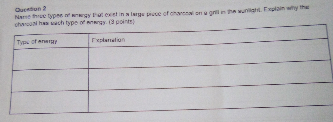 Name three types of energy that exist in a large piece of charcoal on a grill in the sunlight. Explain why the 
oal has each type of energy. (3 points)