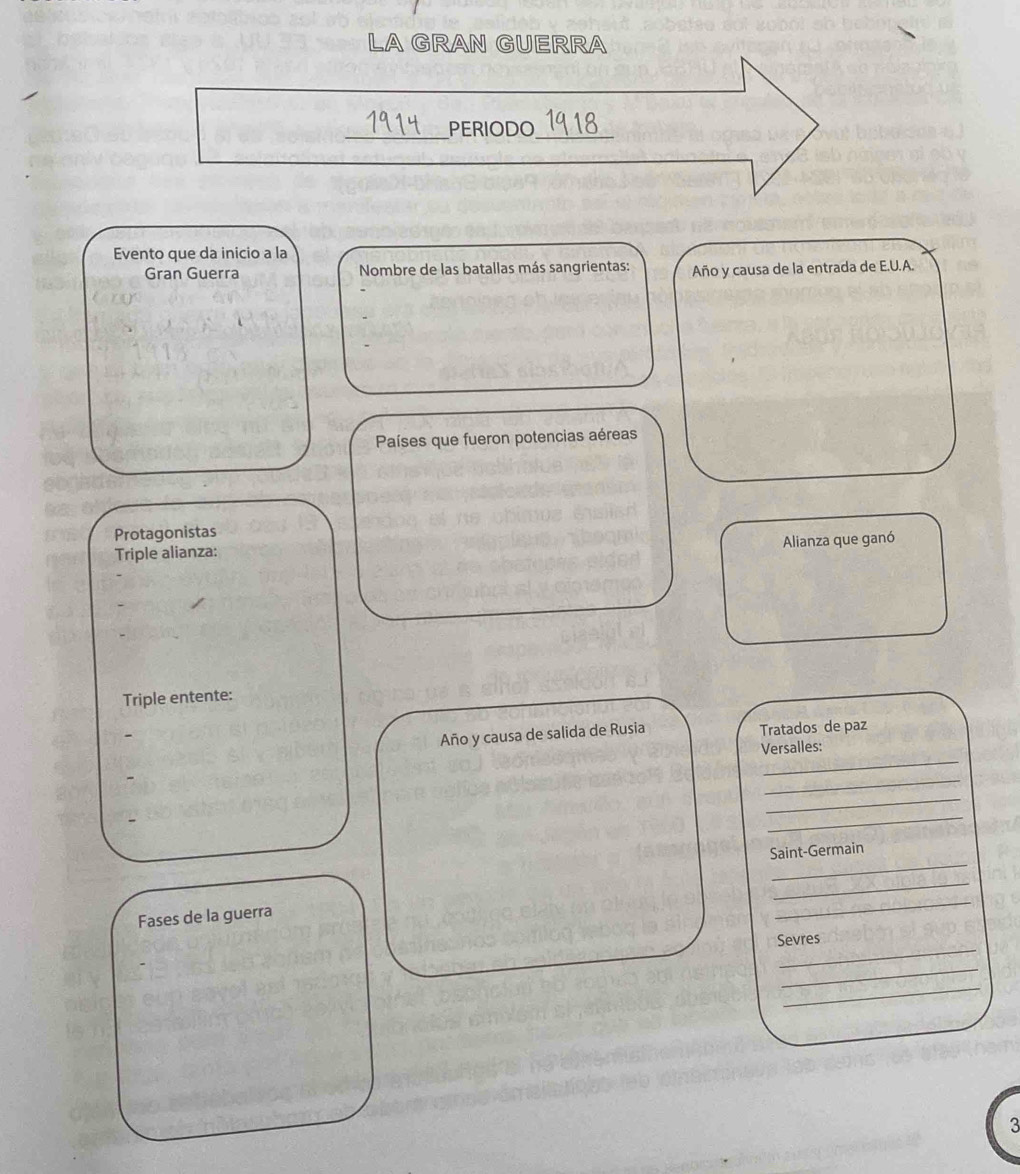 LA GRAN GUERRA 
_PERIODO_ 
Evento que da inicio a la 
Gran Guerra Nombre de las batallas más sangrientas: Año y causa de la entrada de E.U.A. 
Países que fueron potencias aéreas 
Protagonistas 
Alianza que ganó 
Triple alianza: 
Triple entente: 
Año y causa de salida de Rusia Tratados de paz 
_ 
Versalles: 
_ 
_ 
_ 
_ 
Saint-Germain 
_ 
Fases de la guerra 
_ 
_ 
Sevres 
_ 
_ 
3