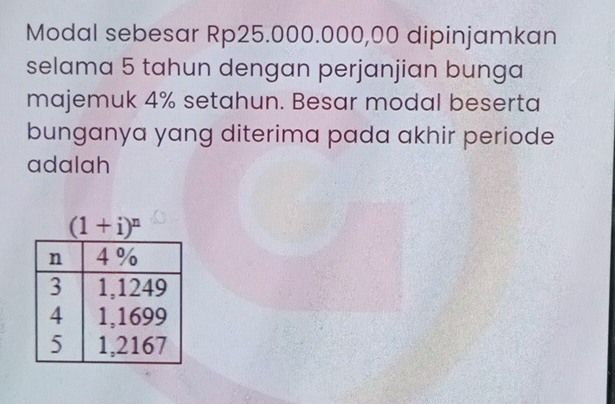 Modal sebesar Rp25.000.000,00 dipinjamkan 
selama 5 tahun dengan perjanjian bunga 
majemuk 4% setahun. Besar modal beserta 
bunganya yang diterima pada akhir periode 
adalah
(1+i)^n