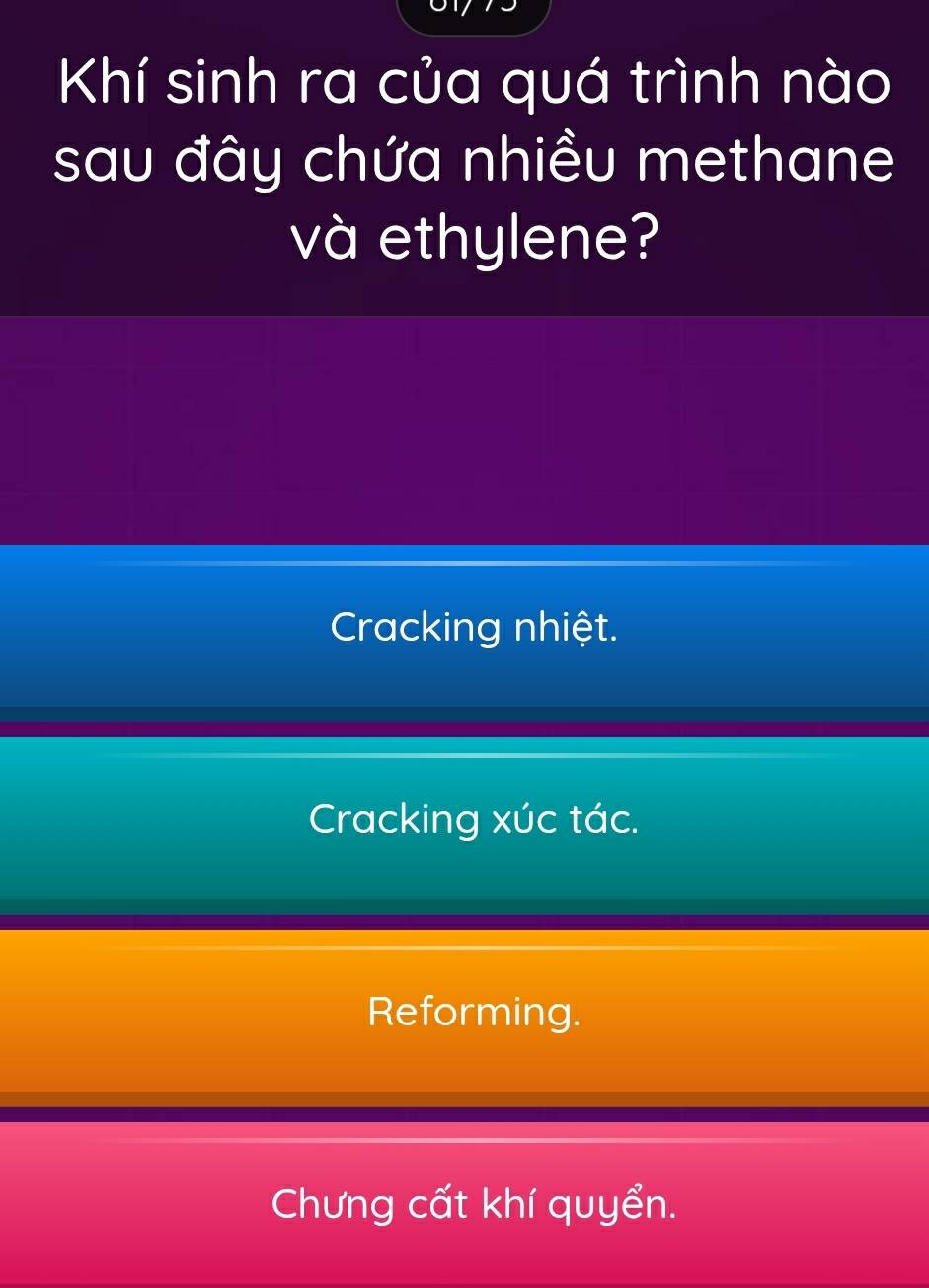 Khí sinh ra của quá trình nào
sau đây chứa nhiều methane
và ethylene?
Cracking nhiệt.
Cracking xúc tác.
Reforming.
Chưng cất khí quyển.