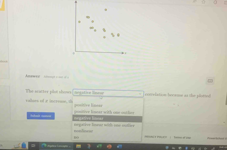 ebook
Answer Attempt 2 out of 2
The scatter plot shows negative linear correlation because as the plotted
values of x increase, th
positive linear
positive linear with one outlier
Submit Answer negative linear
negative linear with one outlier
nonlinear
no
PRIVACY POLICY | Terms of Use PowerSchool@
h Algebra Concepts: === 9=46 AN