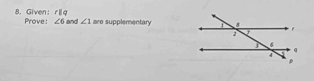 Given: rparallel q
Prove: ∠ 6 and ∠ 1 are supplementary