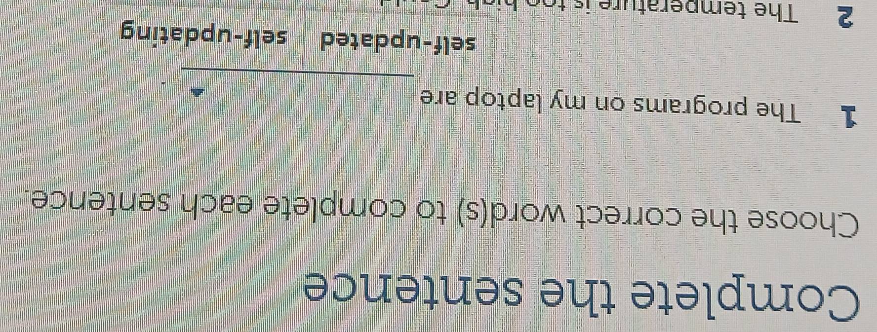 Complete the sentence
Choose the correct word(s) to complete each sentence.
1 The programs on my laptop are
self-updated self-updating
2 The temperature is too his