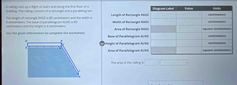 A railing runs up a flight of stairs and along the first floor of a 
building. The railing consists of a rectangle and a parallelogram. 
The length of rectangle RAGS is 80 centimeters and the width is Length of Rectangle RA
8 centimeters. The base of parallelogram ALNG is 80 Width of Rectangle RA
centimeters and the height is 4 centimeters. 
Area of Rectangle RA
Use the given information to complete the worksheet. 
Base of Parallelogram AL
Height of Parallelogram AL
Area of Parallelogram AL
The area of the railing is