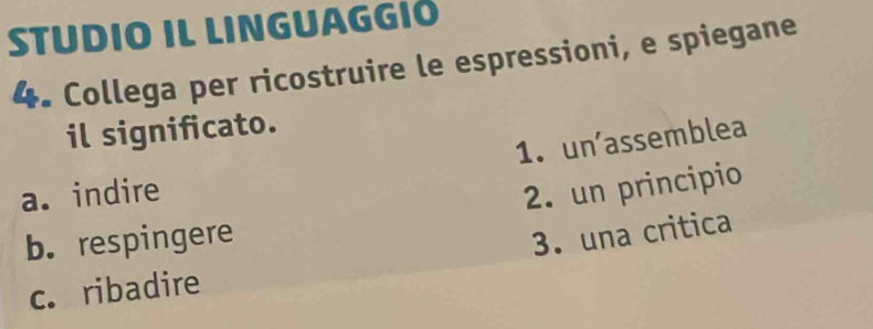 STUDIO IL LINGUAGGIÓ
4. Collega per ricostruire le espressioni, e spiegane
il significato.
1. unassemblea
a. indire 2. un principio
b. respingere
3. una critica
c. ribadire