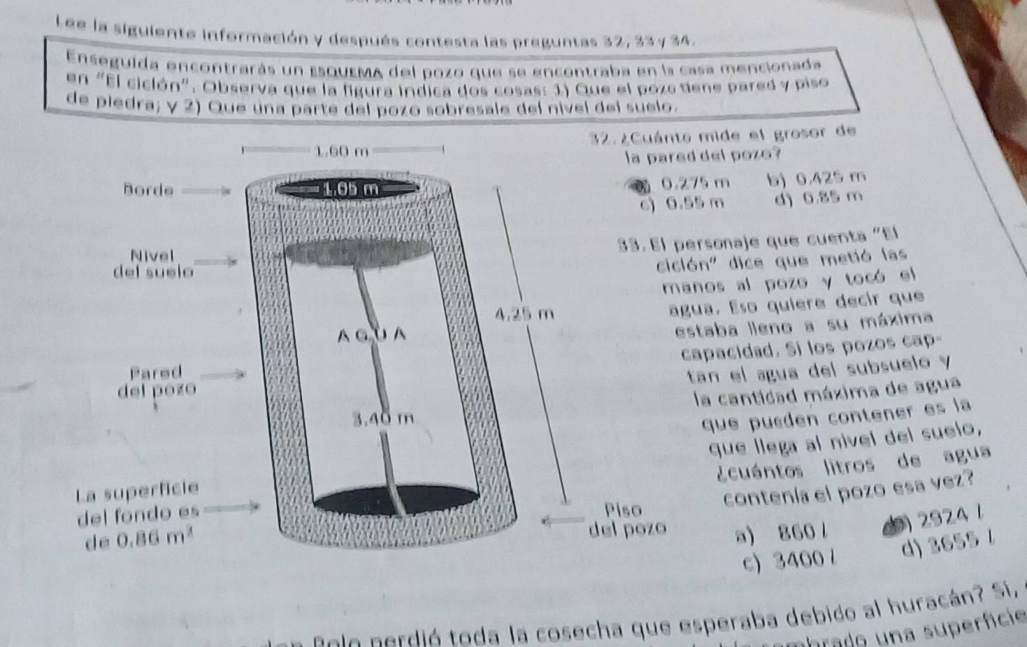 Lee la siguiente información y después contesta las preguntas 32, 33 y 34.
Enseguída encontrarás un EsqUEMA del pozo que se encontraba en la casa mencionada
en "El cición". Observa que la figura indica dos cosas: 1) Que el pozo tene pared y piso
de piedra; y 2) Que una parte del pozo sobresale del nível del suelo.
mide el grosor de
del poze?
5 m b) 0.425 m
c) 0.55 m d) 0.85 m
rsonaje que cuenta "El
n" dice que metió las
nos al pozo y tocó el
ua. Eso quíère decir que
taba lleno a su máxima
apacidad. Si los pozos cap-
an el agua del subsuelo y
la cantidad máxima de agua
que puèden contener es la
que llega al nivel del suelo,
¿ cuántos litros de agua
contenía el pozo esa vez?
a) 860 l ) 2924 l
c) 3400l d) 2655 1
nele nerdió toda la cosecha que esperaba debido al huracán? Si,
ibrado una superfície