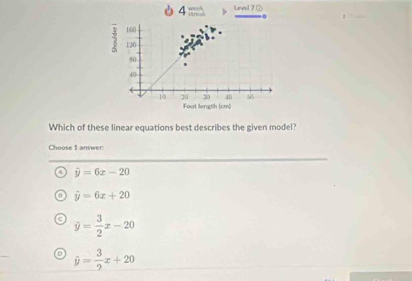 week Lovel 7①

A hat y=6x-20
hat y=6x+20
hat y= 3/2 x-20
D hat y= 3/2 x+20