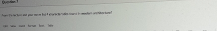 from the lecture and your notes list 4 characteristics found in modern architecture? 
Edit View imsert Formal Tools Tabile