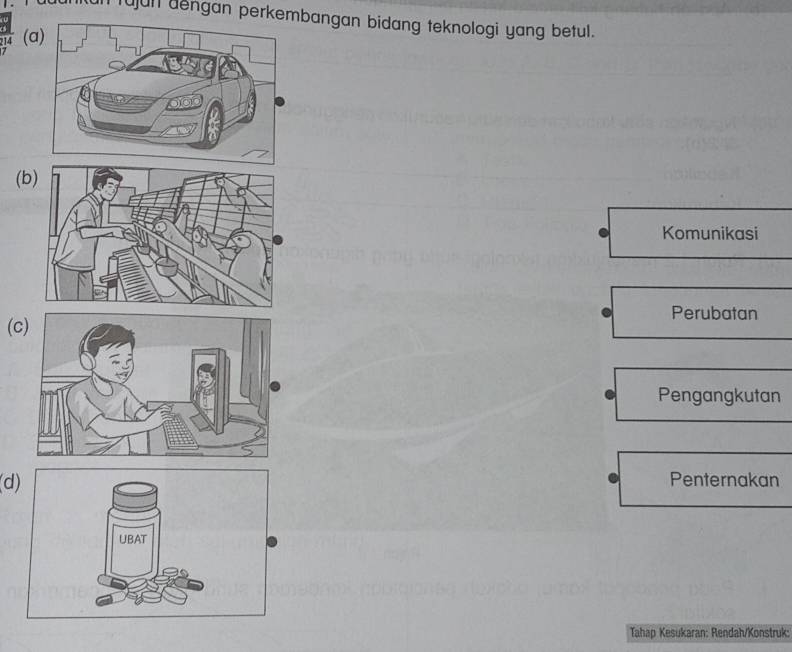 un fujun dengan perkembangan bidang teknologi yang betul.
214 (a
7
(b 
Komunikasi 
Perubatan 
( 
Pengangkutan 
(d Penternakan 
Tahap Kesukaran: Rendah/Konstruk: