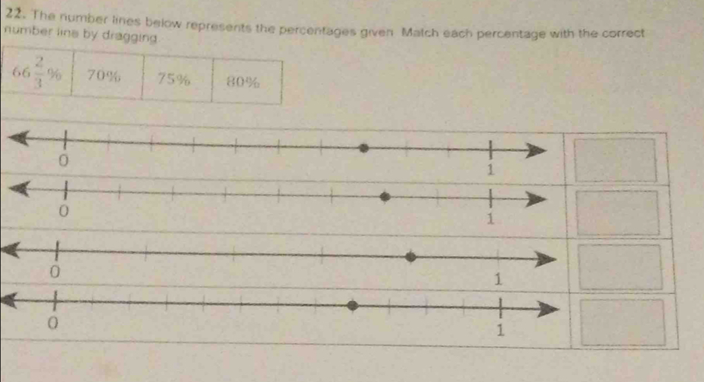 The number lines below represents the percentages given Match each percentage with the correct 
number line by dragging
66 2/3 % 70% 75% 80%