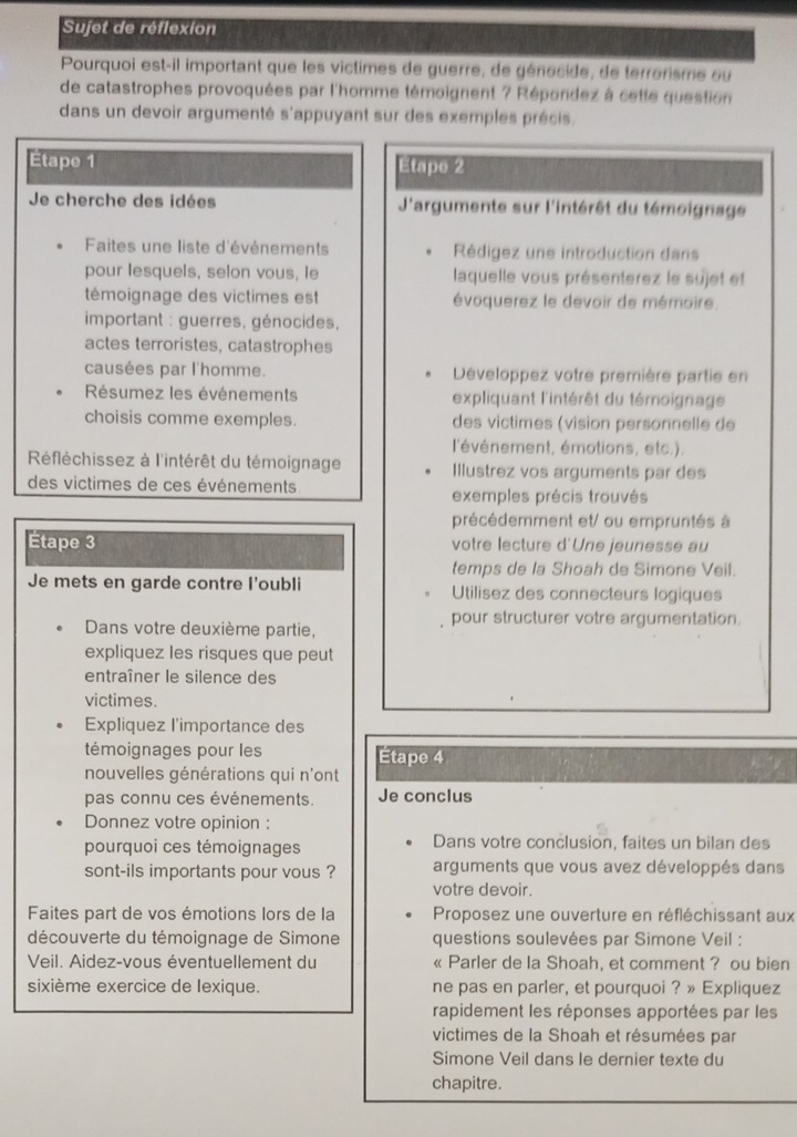 Sujet de réflexion
Pourquoi est-il important que les victimes de guerre, de génocide, de terrorisme ou
de catastrophes provoquées par l'homme témoignent ? Répondez à cette question
dans un devoir argumenté s'appuyant sur des exemples précis.
Étape 1 Etape 2
Je cherche des idées  J'argumente sur l'intérêt du témoignage
Faites une liste d'événements Rédigez une introduction dans
pour lesquels, selon vous, le laquelle vous présenterez le sujet et
témoignage des victimes est évoquerez le devoir de mémoire.
important : guerres, génocides,
actes terroristes, catastrophes
causées par l'homme. Développez votre première partie en
Résumez les événements  expliquant l'intérêt du témoignage
choisis comme exemples. des victimes (vision personnelle de
l'événement, émotions, etc.).
Réfléchissez à l'intérêt du témoignage Illustrez vos arguments par des
des victimes de ces événements.
exemples précis trouvés
précédemment et/ ou empruntés à
Étape 3 votre lecture d'Une jeunesse au
temps de la Shoah de Simone Veil.
Je mets en garde contre I'oubli Utilisez des connecteurs logiques
pour structurer votre argumentation.
Dans votre deuxième partie,
expliquez les risques que peut
entraîner le silence des
victimes.
Expliquez l'importance des
témoignages pour les Étape 4
nouvelles générations qui n'ont
pas connu ces événements. Je conclus
Donnez votre opinion :
pourquoi ces témoignages Dans votre conclusion, faites un bilan des
sont-ils importants pour vous ? arguments que vous avez développés dans
votre devoir.
Faites part de vos émotions lors de la  Proposez une ouverture en réfléchissant aux
découverte du témoignage de Simone questions soulevées par Simone Veil :
Veil. Aidez-vous éventuellement du « Parler de la Shoah, et comment ? ou bien
sixième exercice de lexique. ne pas en parler, et pourquoi ? » Expliquez
rapidement les réponses apportées par les
victimes de la Shoah et résumées par
Simone Veil dans le dernier texte du
chapitre.