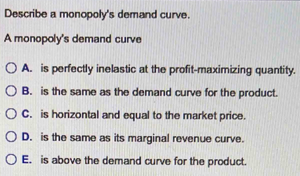 Solved: Describe a monopoly's demand curve. A monopoly's demand curve A ...