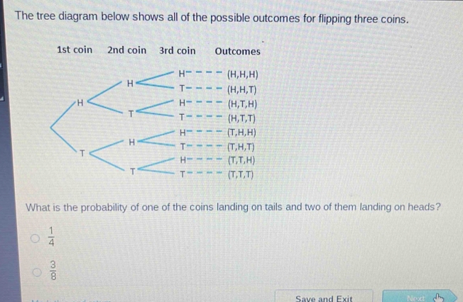 The tree diagram below shows all of the possible outcomes for flipping three coins.
1st coin 2nd coin 3rd coin Outcomes
H- (H,H,H)
T (H,H,T)
H
(H,T,H)
T (H,T,T)
H (T,H,H)
H (T,H,T)
T
(T,T,H)
(T,T,T)
What is the probability of one of the coins landing on tails and two of them landing on heads?
 1/4 
 3/8 
Save and Exit